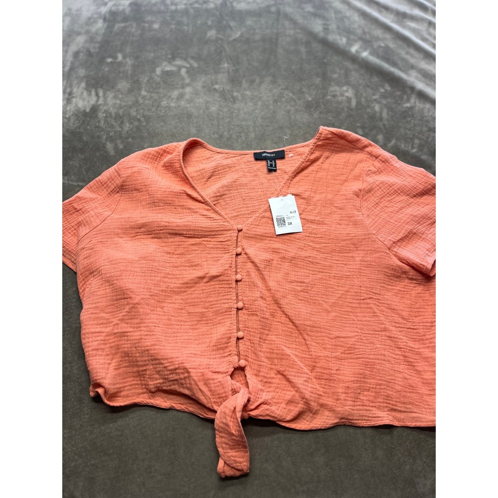 Forever 21 Plus Coral Gauze Textured Button Front Tie Waist Top 3X - Picture 2 of 6